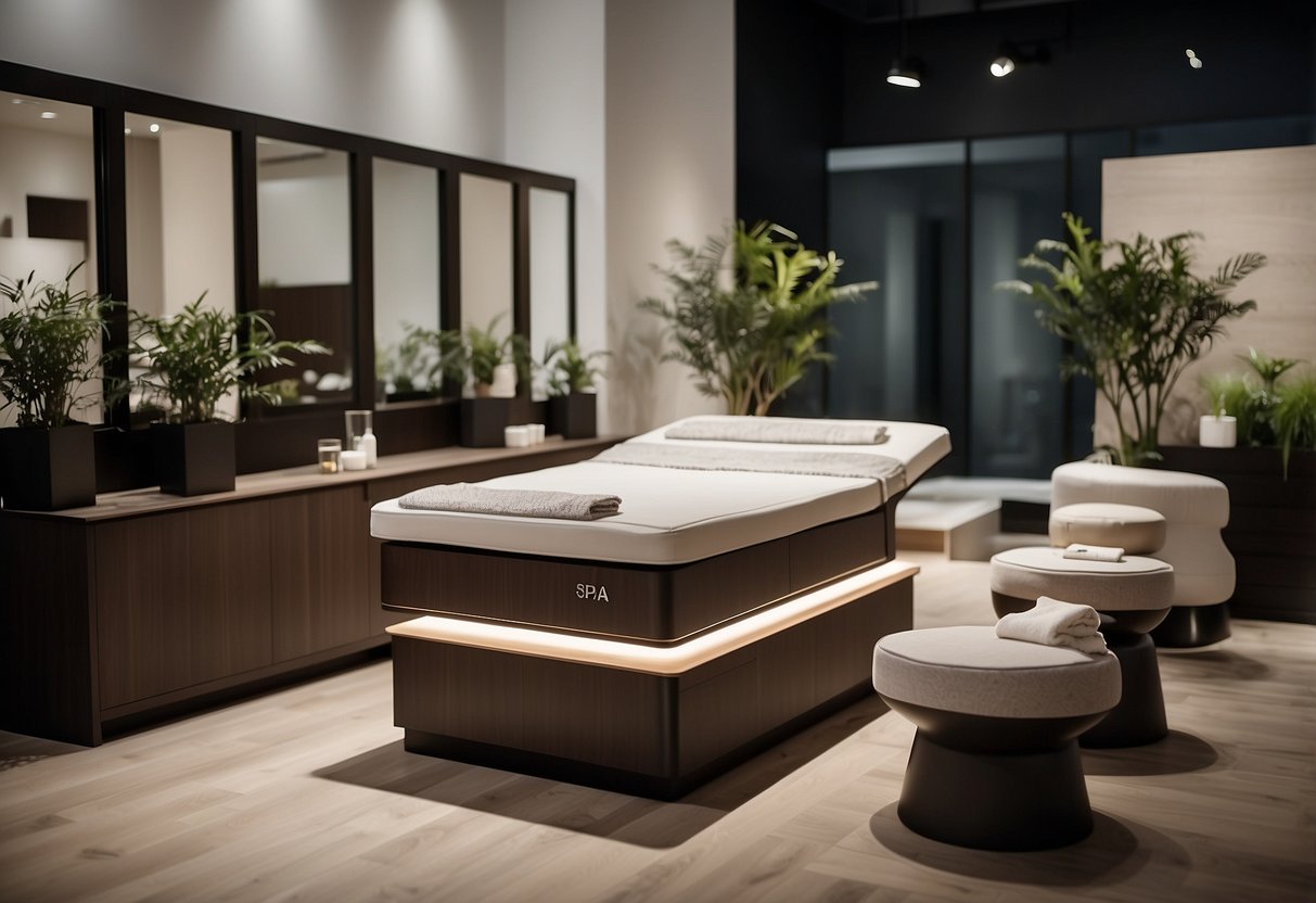 A display of modern spa furniture with labeled prices, showcasing different styles and materials