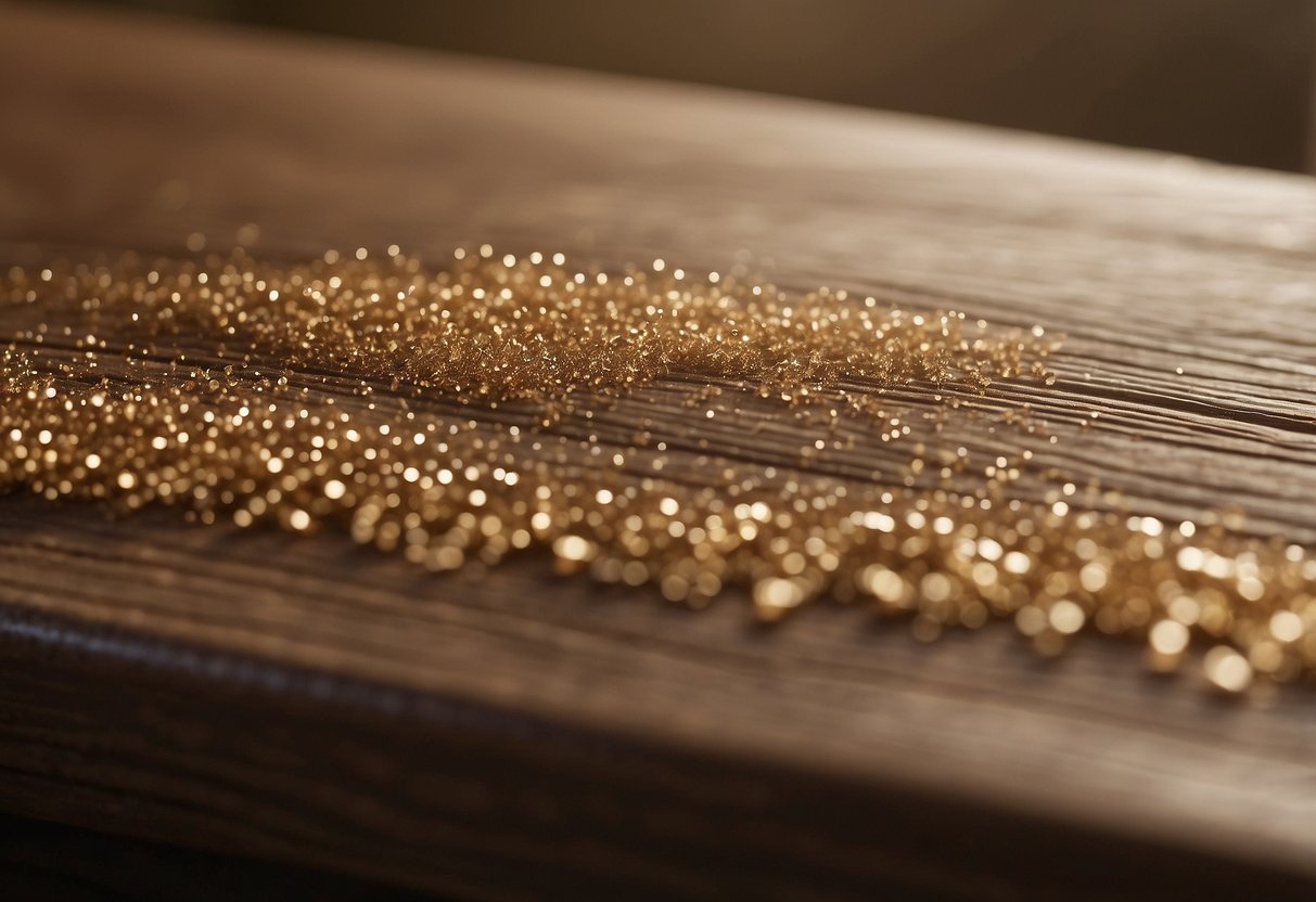 A layer of fine particles settles on the wooden furniture, causing a dull, hazy appearance
