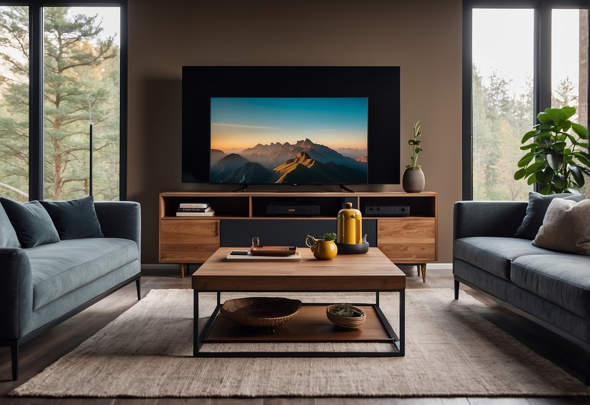 A cozy living room with a large TV on a modern, sleek TV stand surrounded by comfortable, stylish furniture