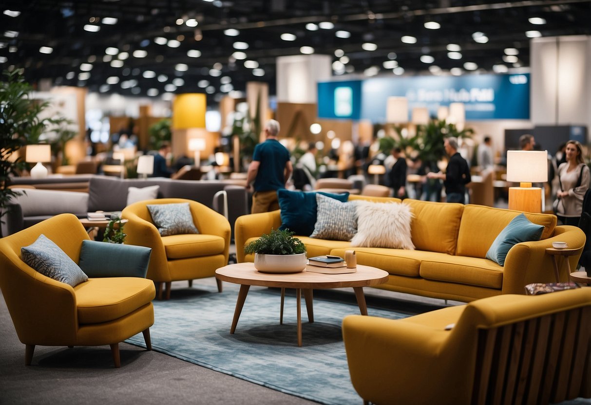 A bustling expo hall filled with large furniture displays and vibrant signage, showcasing the latest designs and features at the 2019 Big Furniture Fair