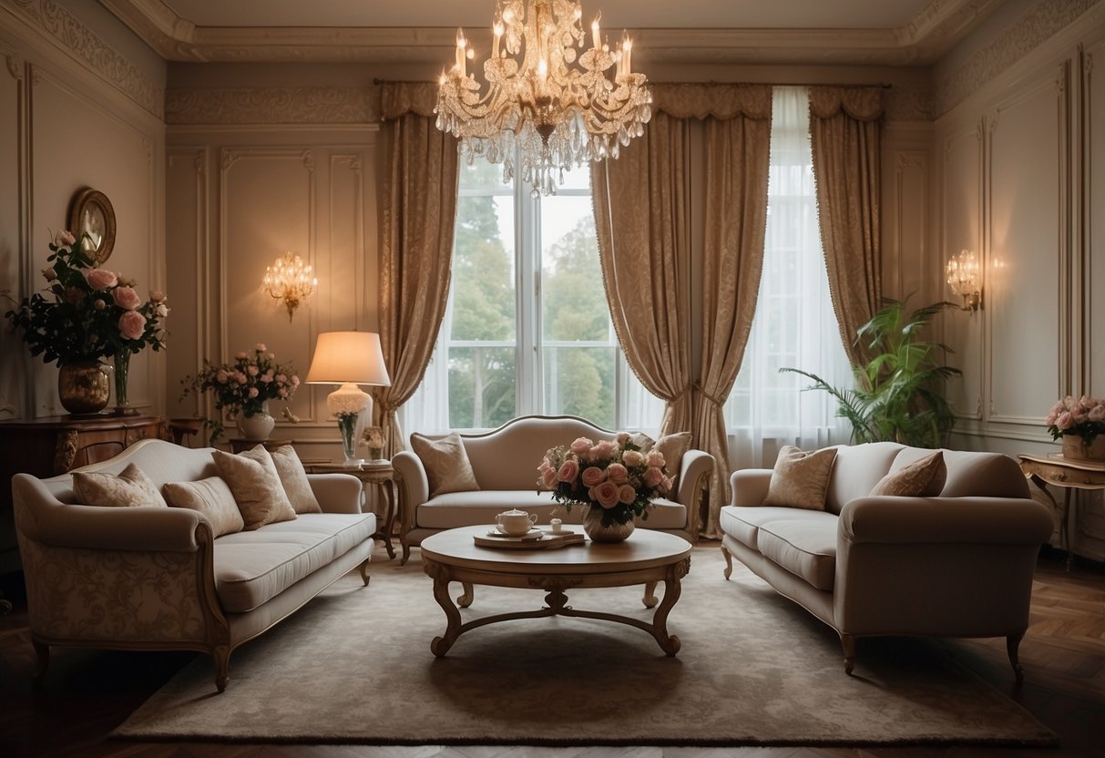 A cozy living room with a vintage French-style sofa, ornate coffee table, and elegant chandelier, set against a backdrop of floral wallpaper and classic molding