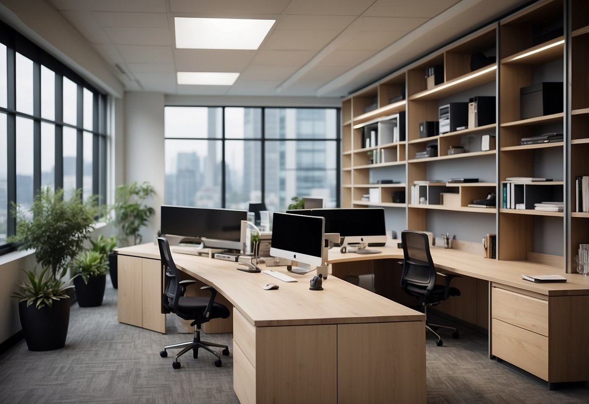 A modern office with modular desks, shelves, and cabinets arranged in a flexible and efficient layout, creating a cohesive and functional workspace