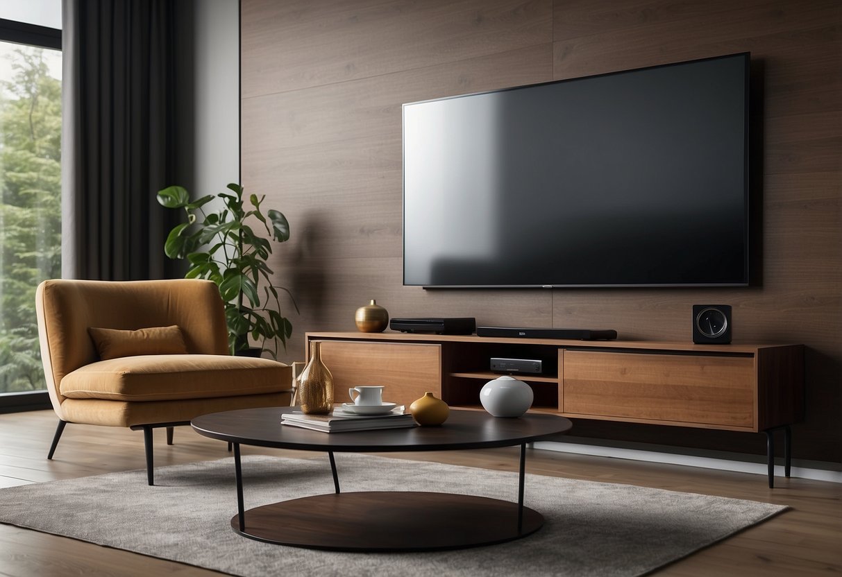 A living room with a modern sofa, coffee table, and wall-mounted TV. The furniture is arranged in a cozy and inviting manner, with the TV positioned for optimal viewing