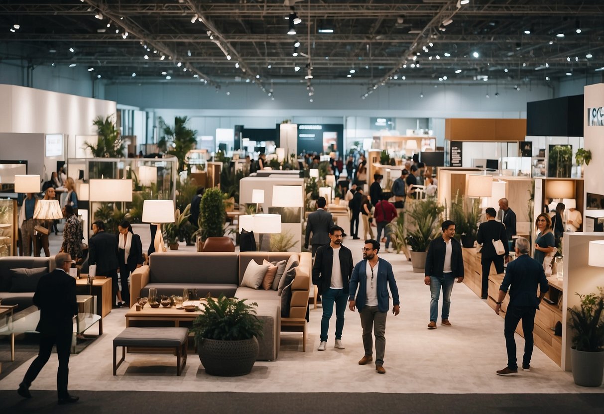 A bustling expo hall filled with modern furniture displays and enthusiastic attendees at the Big Furniture Fair 2019