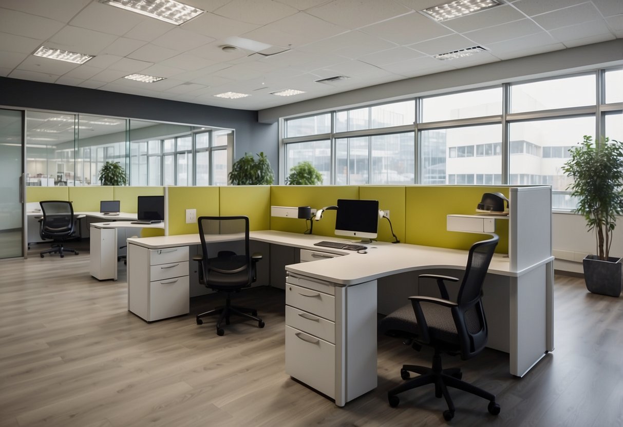 A spacious office with modular desks, shelves, and cabinets arranged in a flexible and customizable layout. Various accessories and storage options are integrated seamlessly into the system furniture