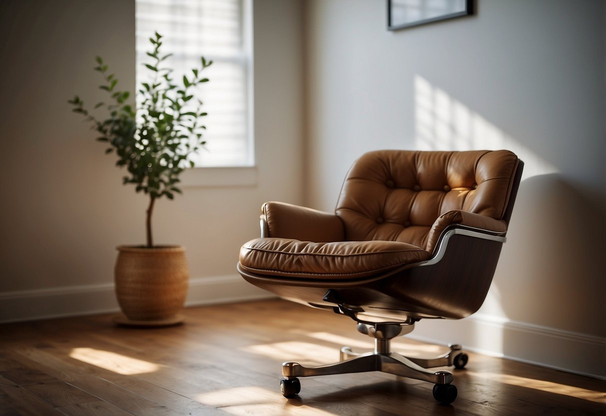 A wooden chair with metal ball casters sits on a hardwood floor in a sunlit room. The chair has a cushioned seat and a high backrest, and there is a small side table next to it
