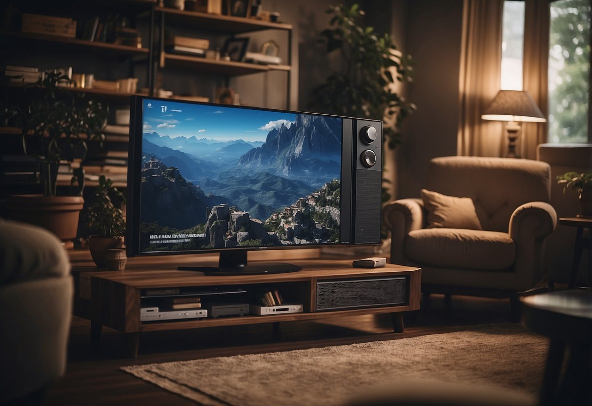 A TV surrounded by various pieces of furniture, with a stack of frequently asked questions about Final Fantasy XIV next to it