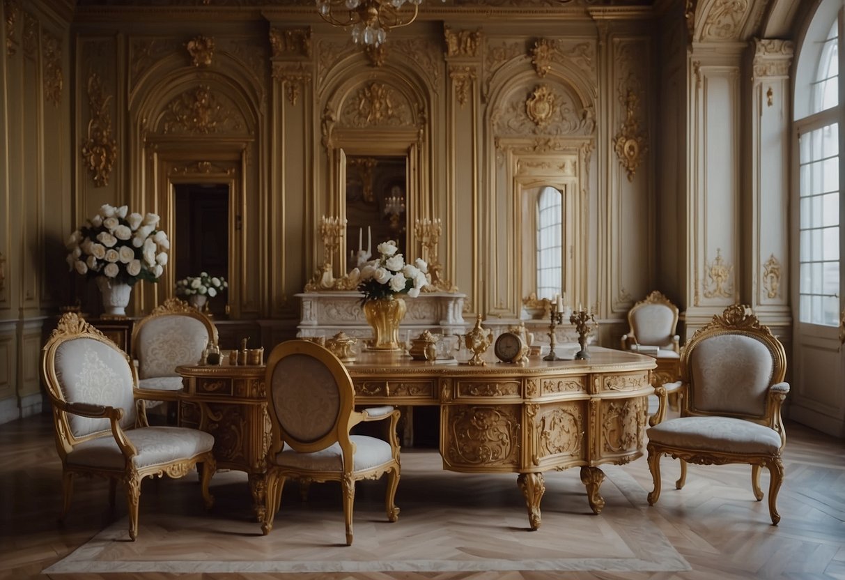 A grand chateau interior with ornate Louis XIV chairs, a gilded Rococo console table, and a delicate Louis XVI writing desk. Rich fabrics and intricate wood carvings adorn the opulent room