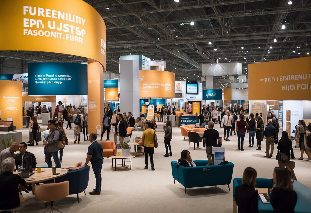 The expo hall is filled with rows of modern furniture displays, attendees browsing and interacting with exhibitors, and a large banner overhead reading "Frequently Asked Questions expo big furniture fair 2019."