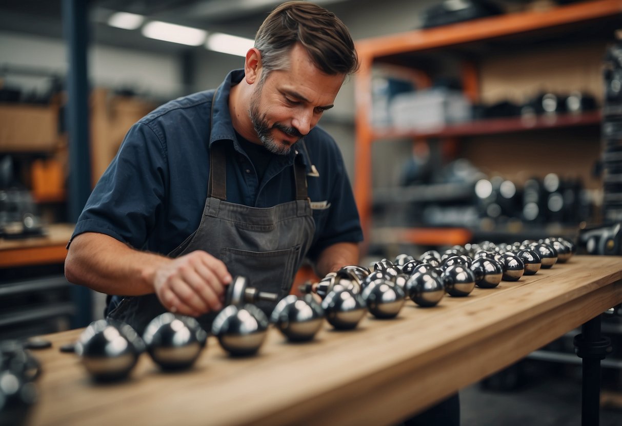 A technician installs and maintains ball casters on furniture, using tools and equipment in a workshop setting
