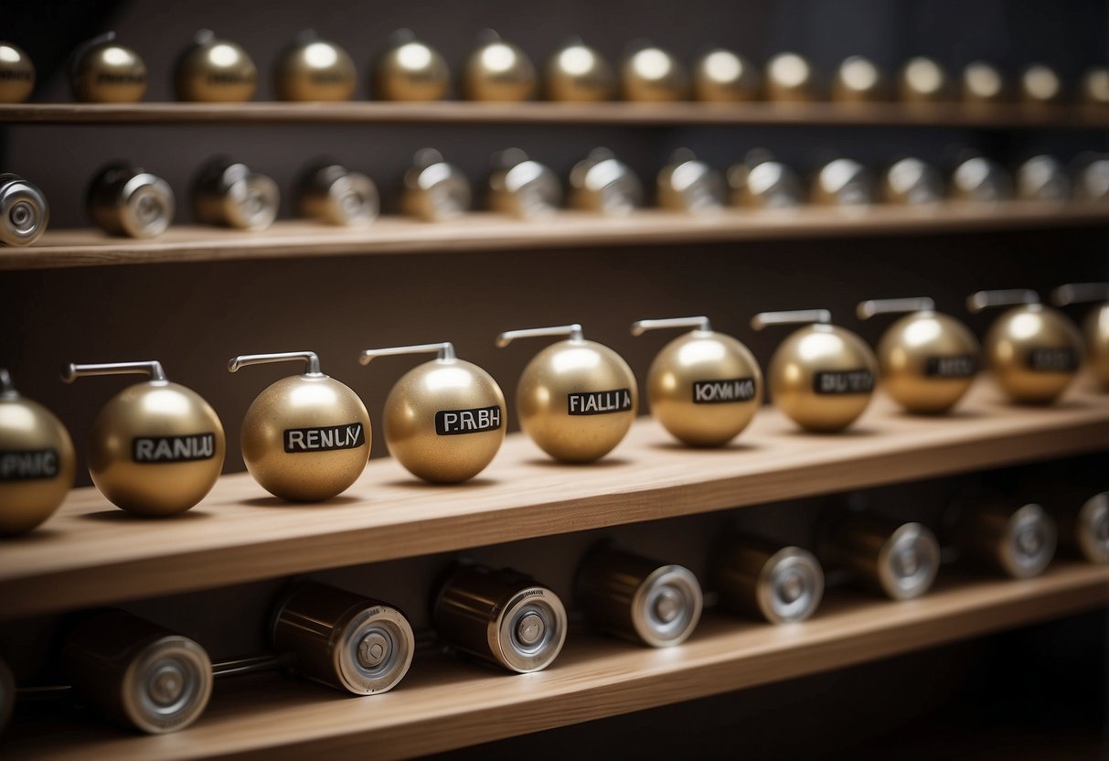 A set of furniture ball casters arranged neatly on a shelf, with a sign above them reading "Frequently Asked Questions."
