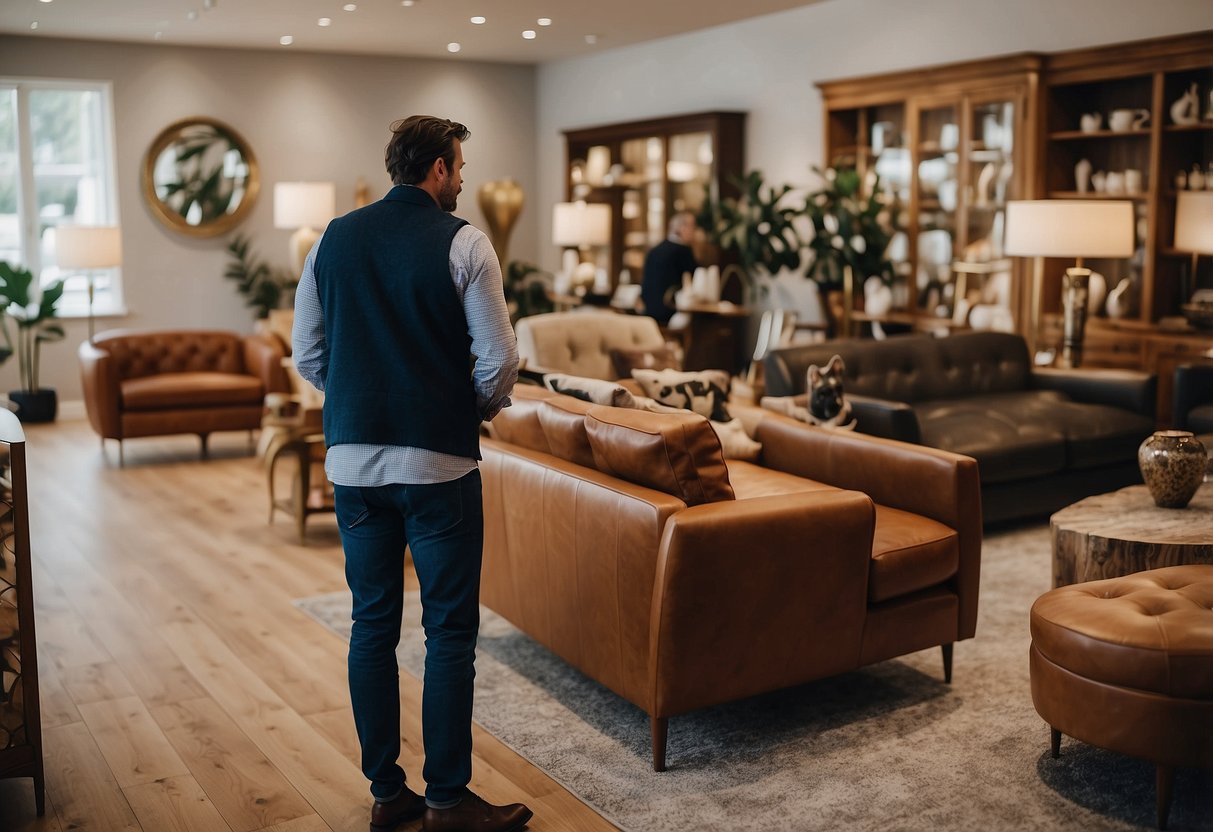 A customer browses a showroom, selecting French furniture for various rooms in their home. Rich wood finishes and elegant upholstery catch their eye