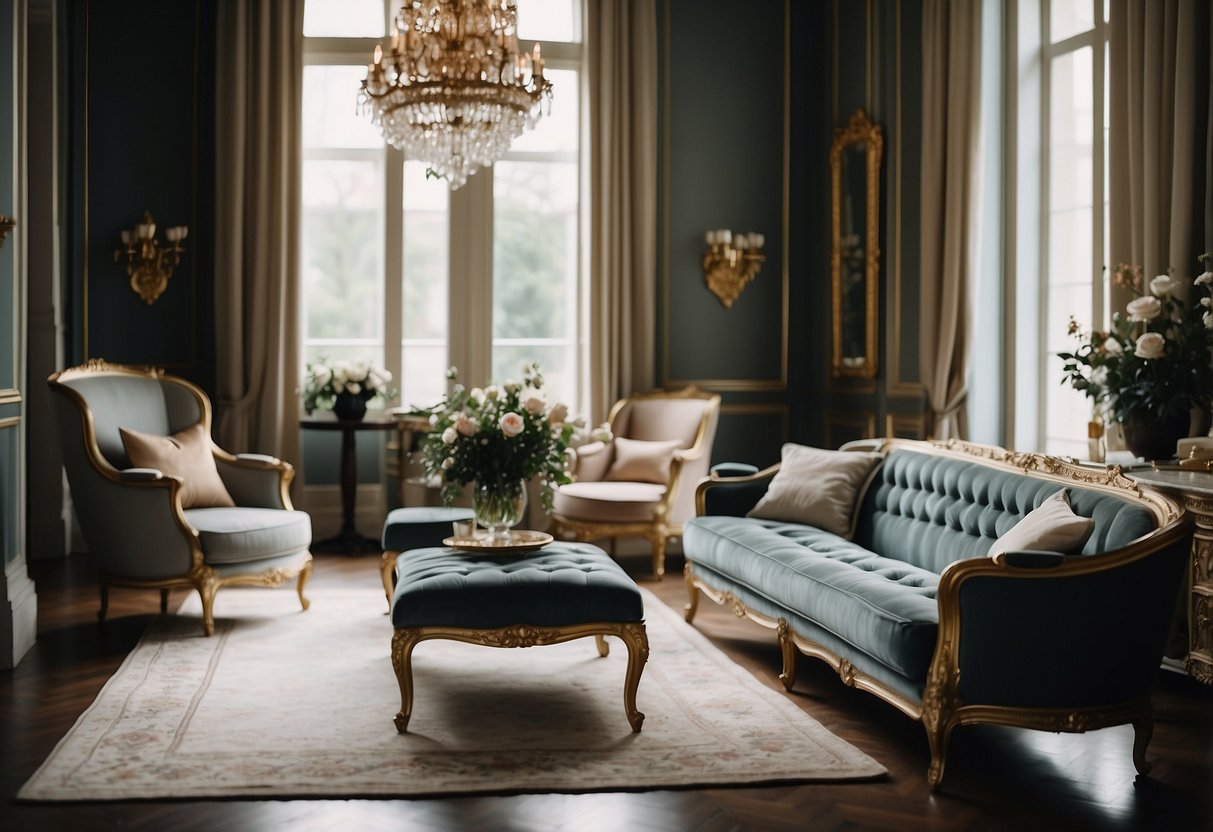 A room filled with elegant French furniture, including ornate chairs, a vintage chaise lounge, and a gilded mirror. The space exudes luxury and sophistication