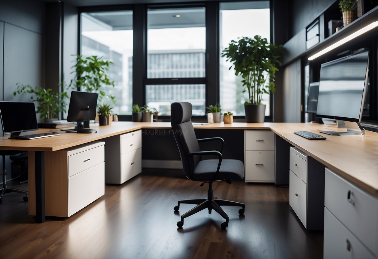 A modern office with modular desks, shelves, and cabinets arranged for efficiency and flexibility