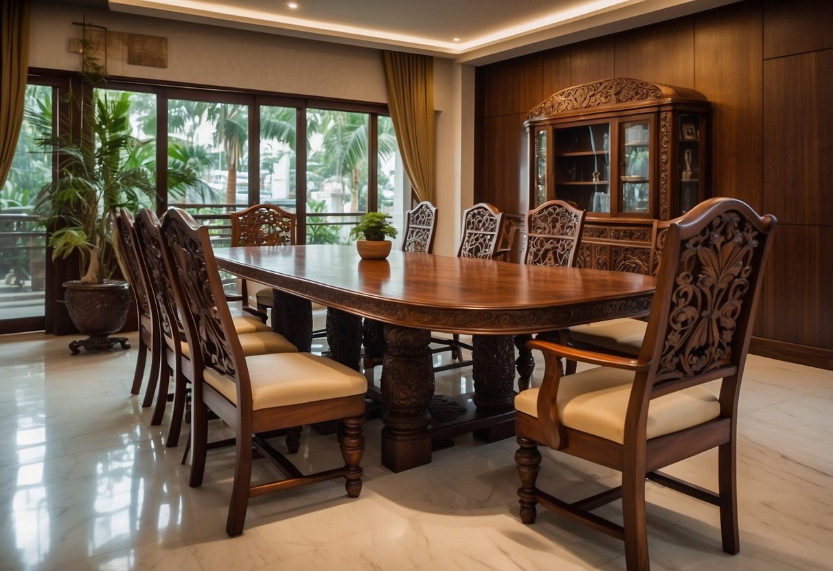 Teak wood furniture in Trichy: A sturdy dining table with matching chairs, a polished bookshelf, and a sleek coffee table with intricate carvings