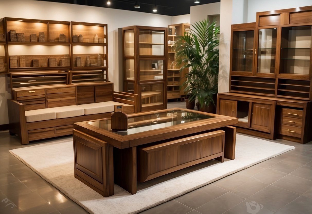 A showroom displays various teak wood furniture pieces in Trichy