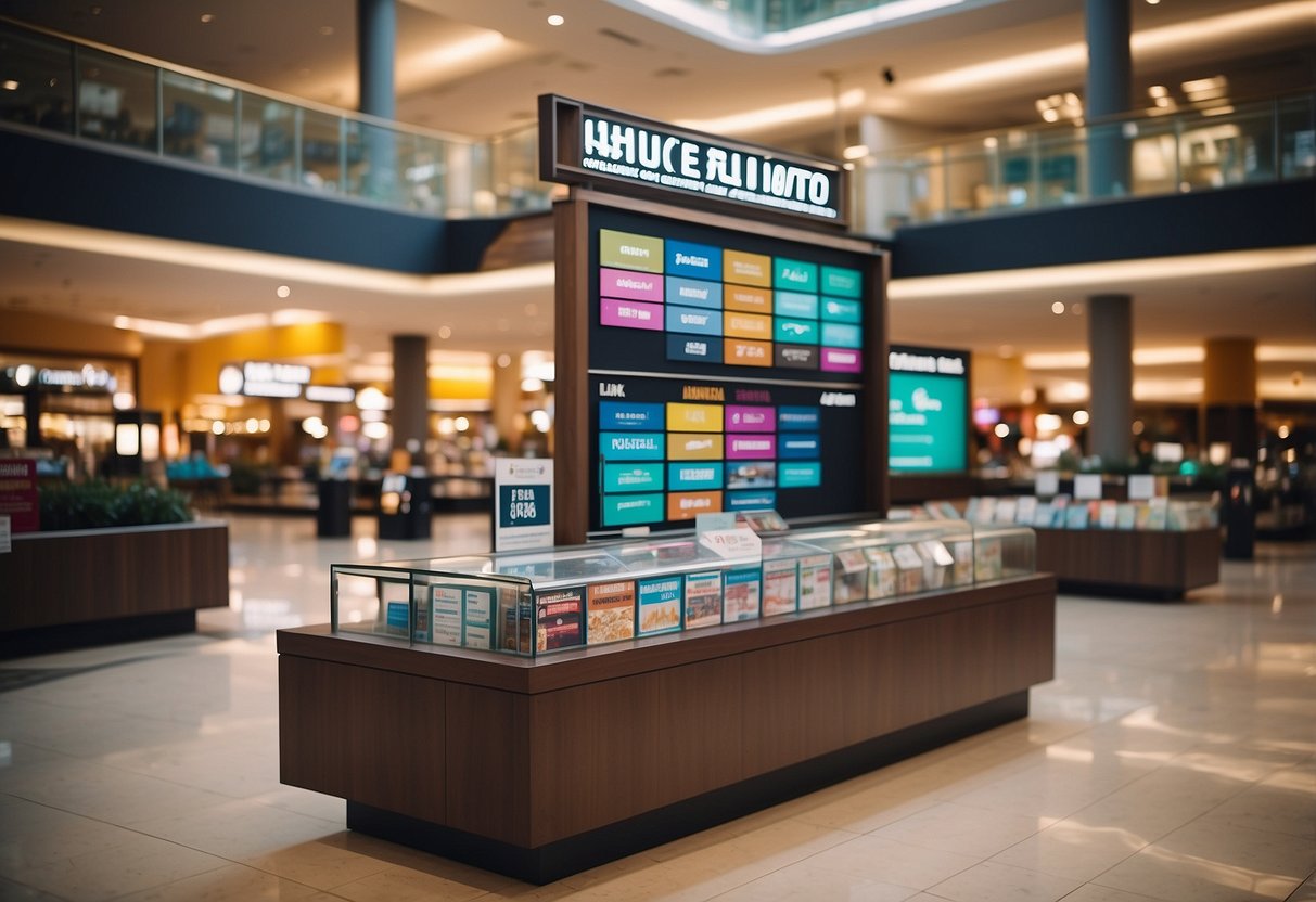 A large directory stands in the center of the bustling furniture mall, with colorful signs and clear labels pointing towards different sections and stores