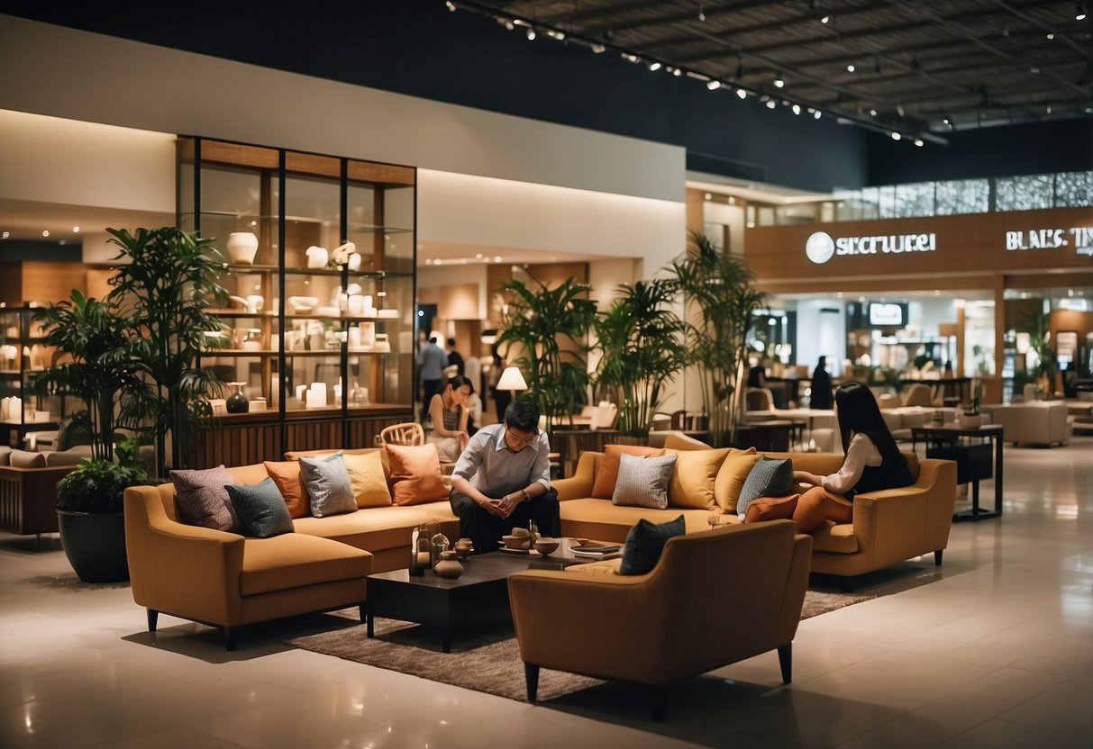 Customers browsing through modern and traditional furniture displays in a bustling Singapore furniture mall directory