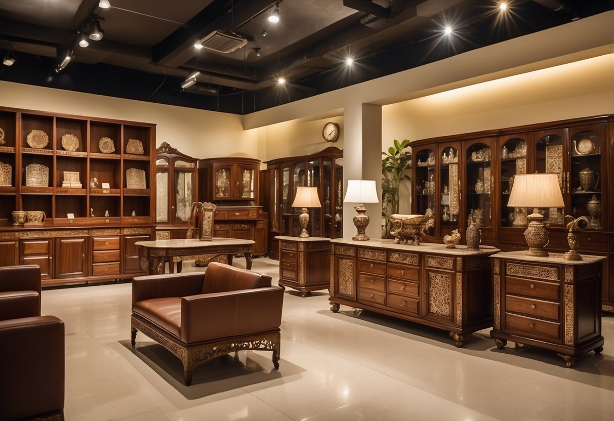 A spacious showroom displays elegant teak wood furniture in Trichy. Rich, warm tones and intricate designs adorn the pieces, creating a welcoming and luxurious atmosphere for shoppers