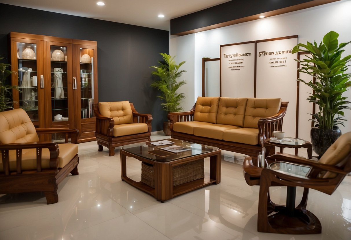 A showroom in Trichy displays teak wood furniture with a sign reading "Frequently Asked Questions" prominently placed