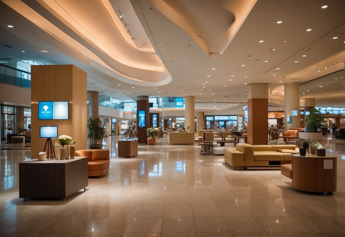 Various furniture and accessories displayed in a spacious mall directory. Bright lighting and clean, modern design
