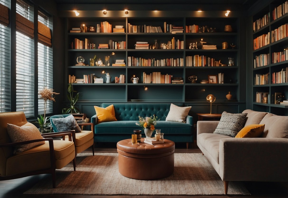 A cozy furniture club with plush sofas, elegant coffee tables, and soft lighting. A bookshelf lines the wall, filled with colorful novels and decorative items