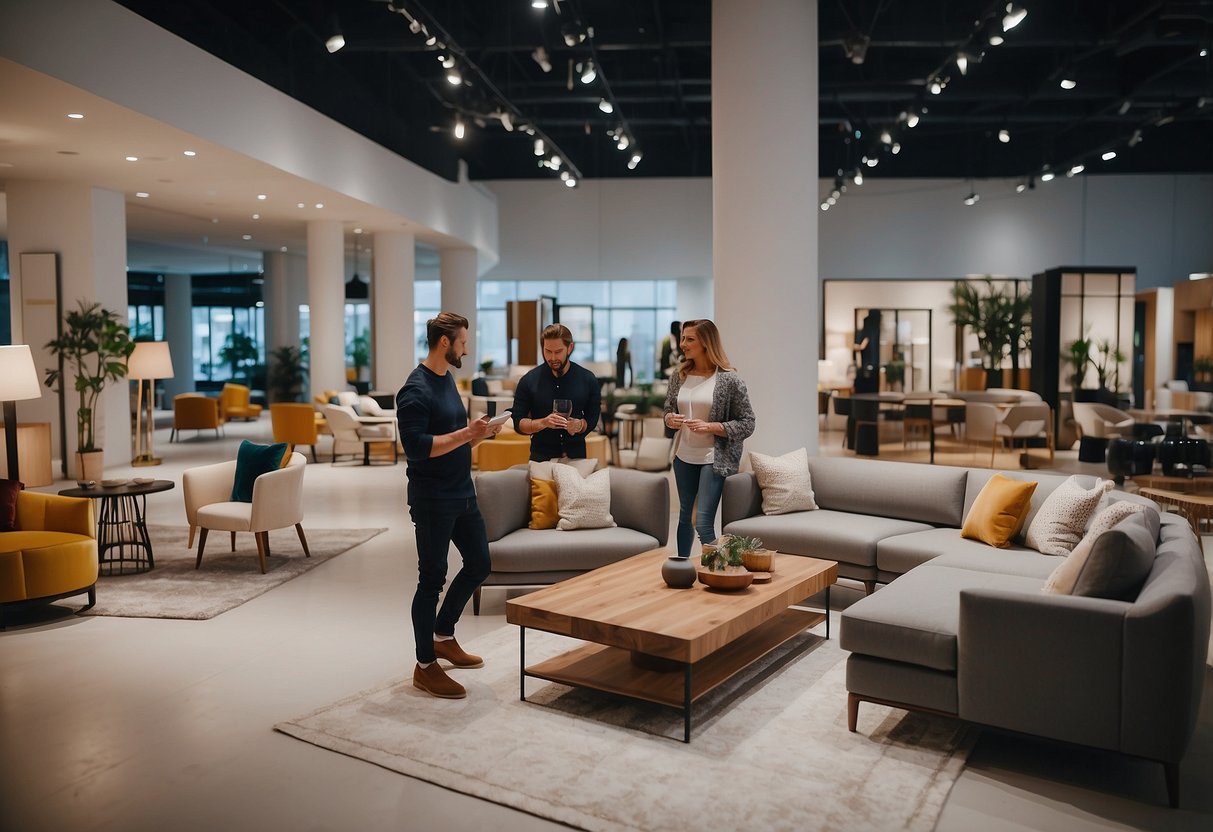 A group of people are browsing through a variety of stylish and modern furniture displayed in a spacious and well-lit showroom