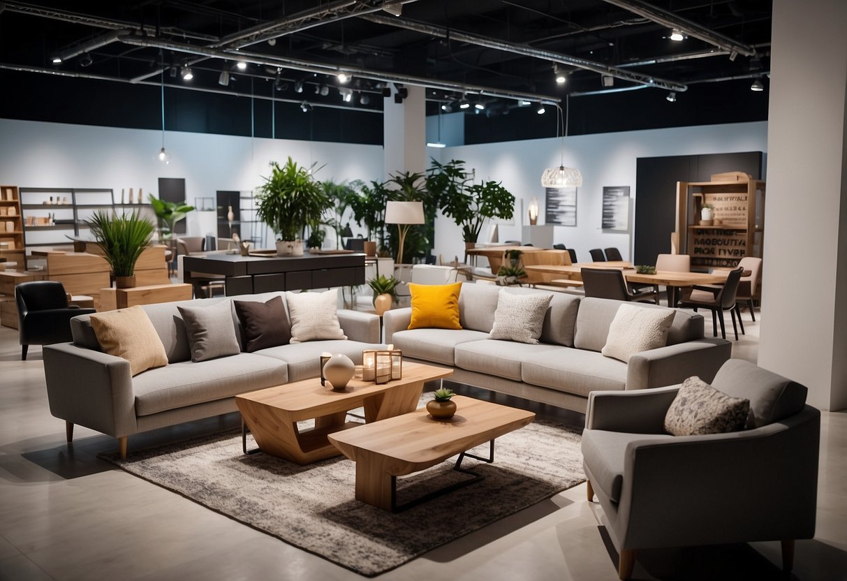 A diverse group of furniture designs from around the world displayed in a modern showroom with a stamp of quality assurance