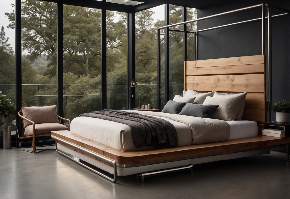 A sturdy double deck bed made of sleek metal and wood, adorned with plush bedding and throw pillows