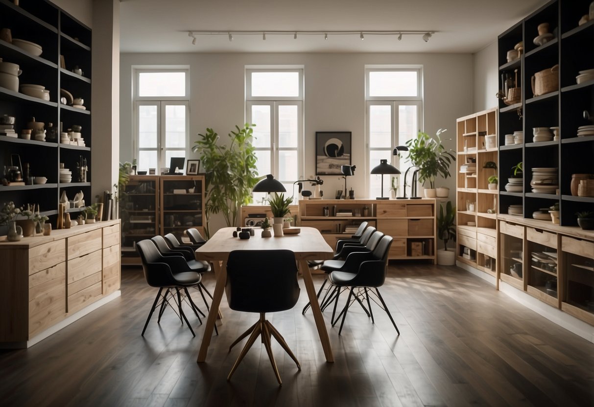 A room filled with various furniture fittings and equipment. Shelves, tables, chairs, and lamps are scattered throughout the space