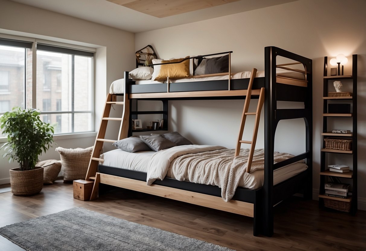 A double deck bed with built-in storage, ladder, and safety rails, surrounded by various furniture pieces