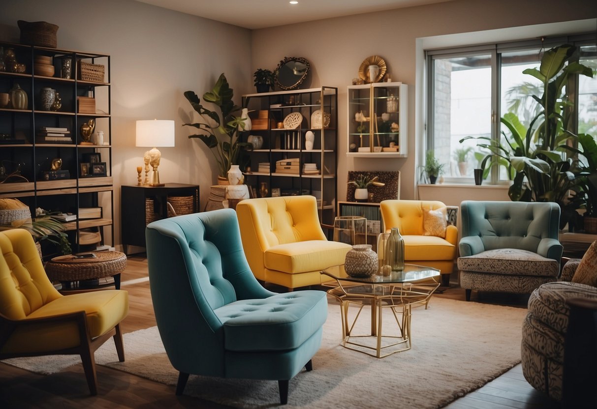 A room filled with various furniture fittings and equipment, including chairs, tables, lamps, and decorative accessories