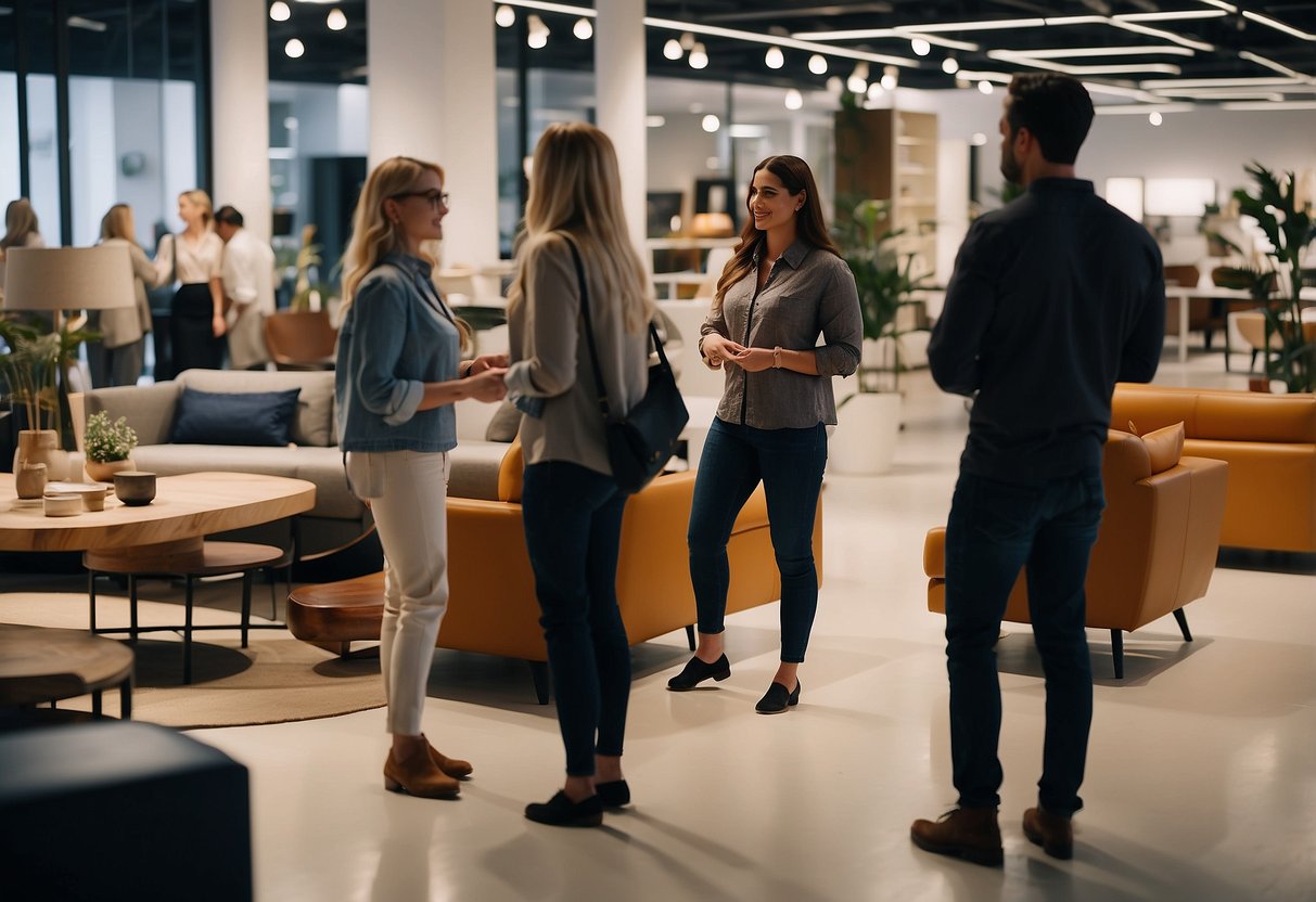A group of people browsing through various furniture items in a spacious and well-lit showroom, with staff members readily available to answer any questions