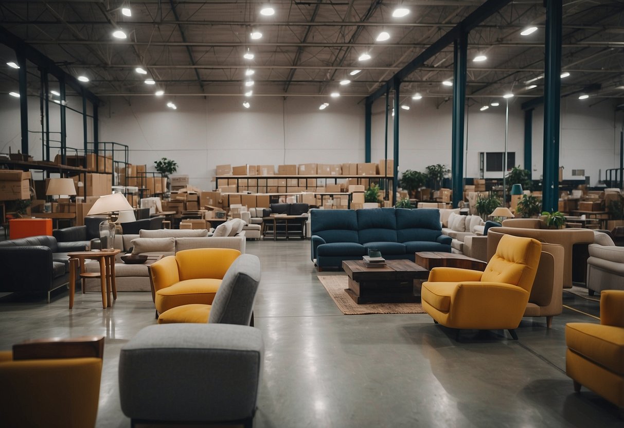 Show a warehouse filled with discounted furniture in various styles and colors