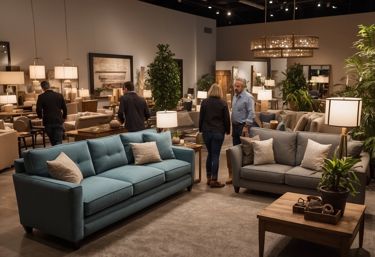 Customers browsing through rows of discounted furniture, with price tags displayed prominently. Bright overhead lighting illuminates the showroom