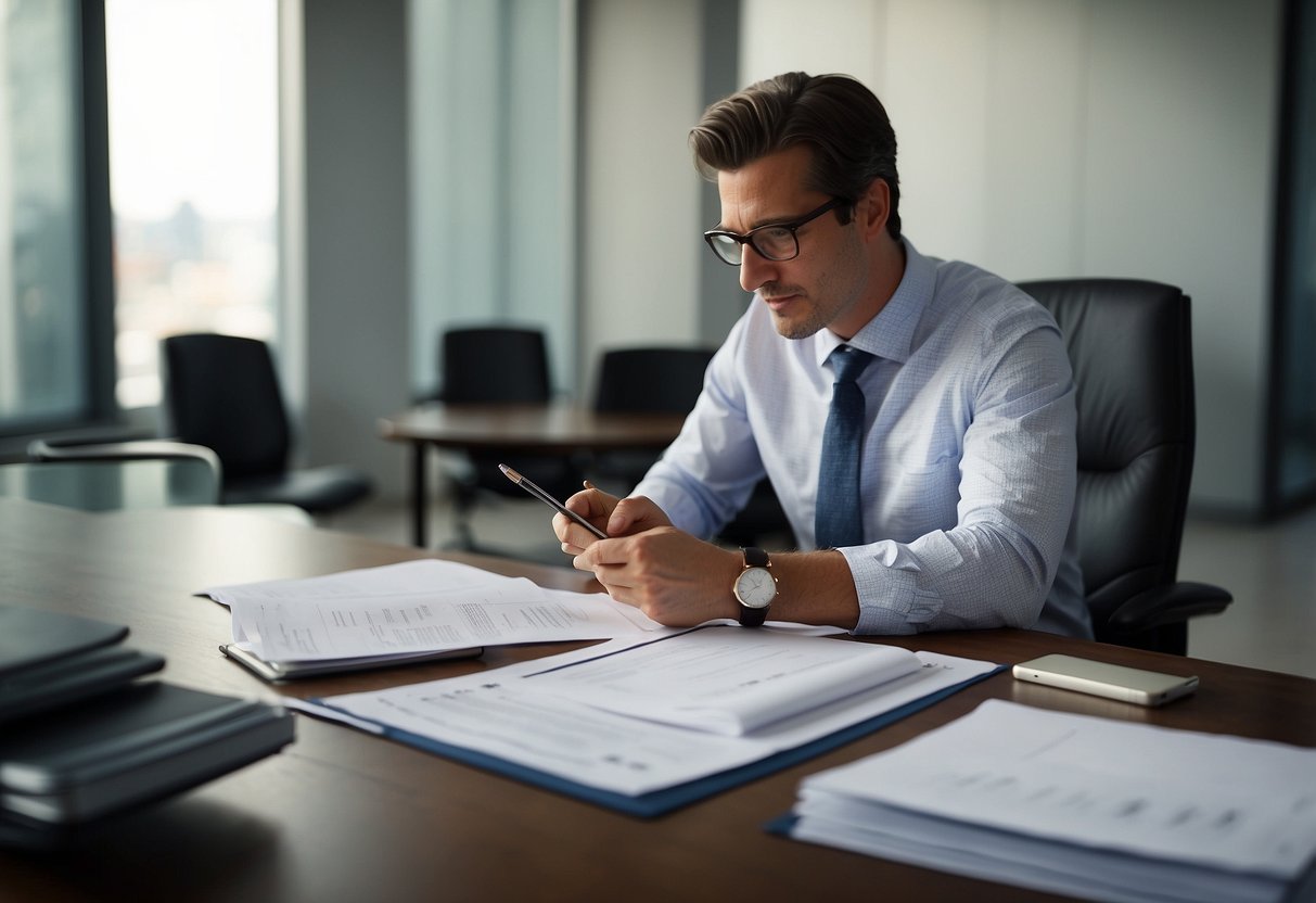 A lawyer reviews contracts while a financial analyst calculates costs for FF&E furniture fittings and equipment