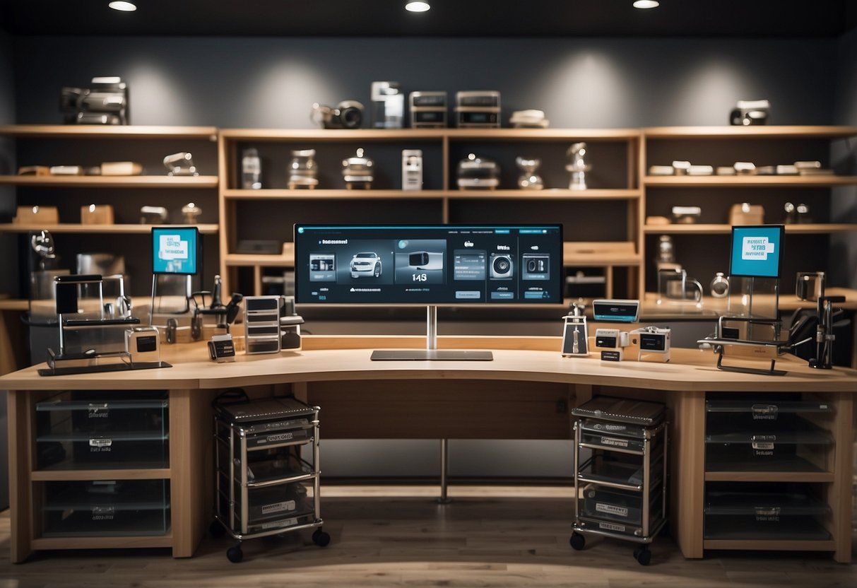 A neatly arranged display of furniture fittings and equipment with clear labeling and easy accessibility