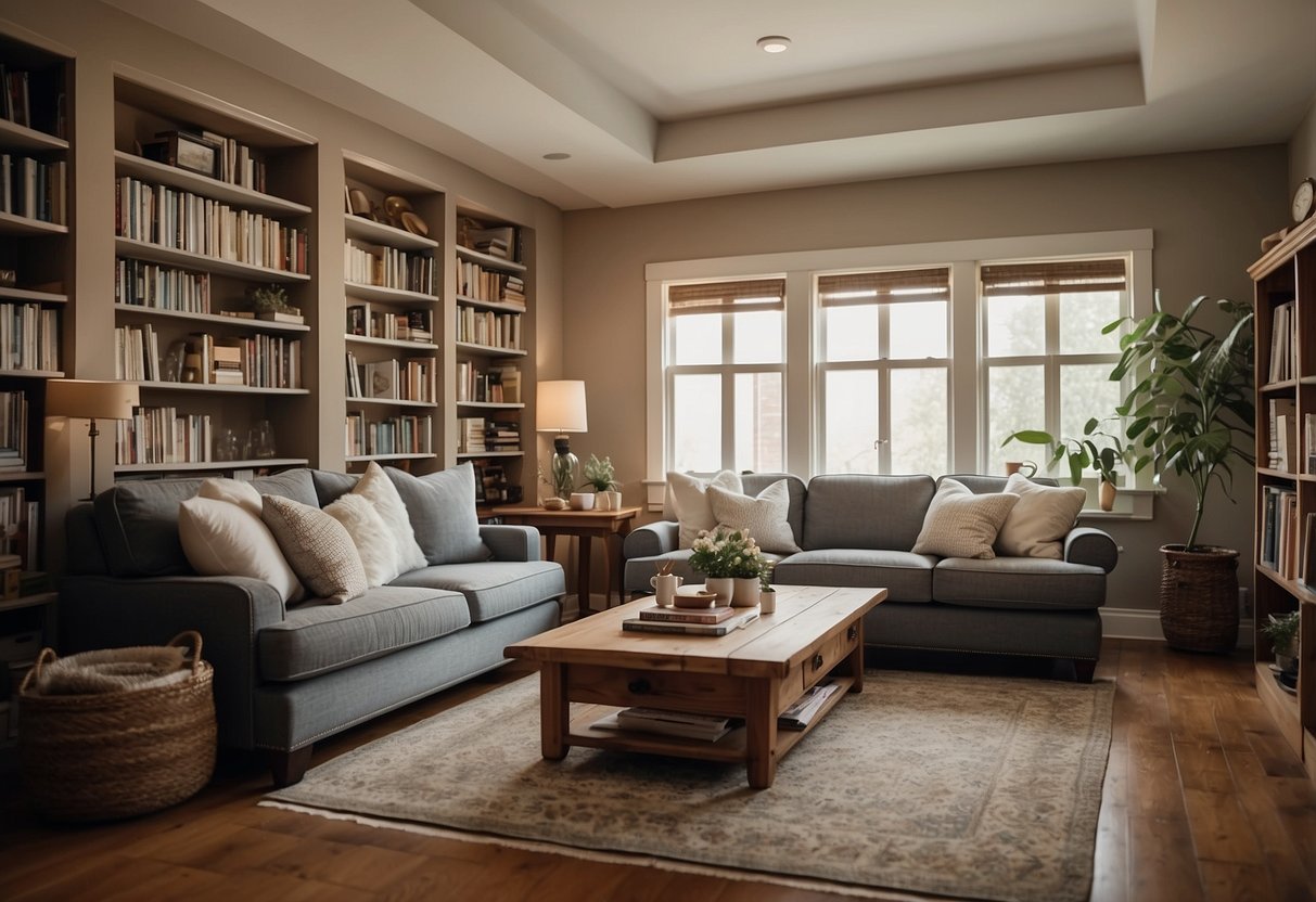 A cozy living room with a plush sofa, a wooden coffee table, and a bookshelf filled with books and decorative items