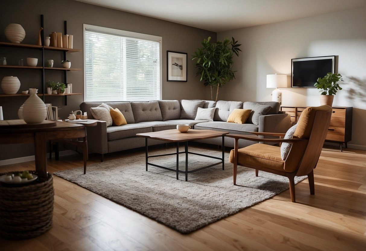 A room with various furniture pieces: a sofa for lounging, a desk for work, a dining table for meals, and shelves for storage