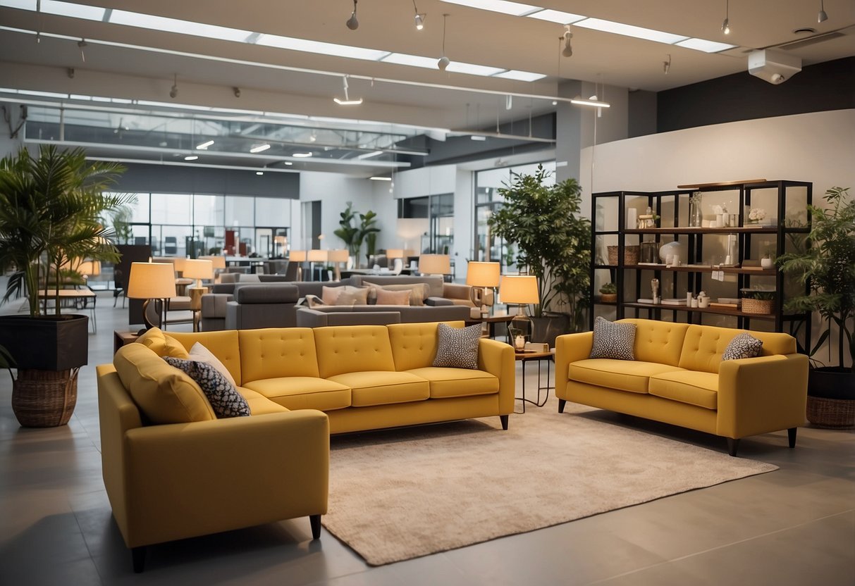 A spacious showroom displays a variety of high-quality furniture at factory prices, with bright lighting and modern decor to enhance the shopping experience