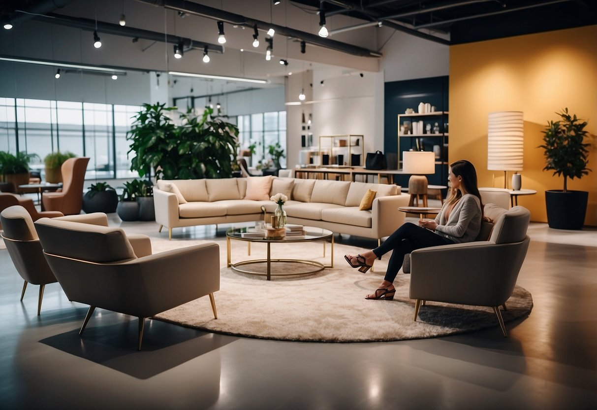 Customers browsing modern furniture in a spacious showroom with clean lines and bright lighting