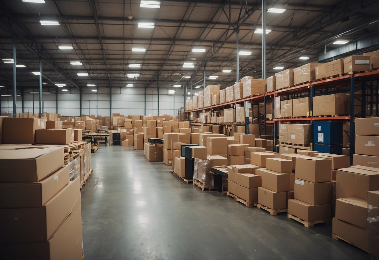 A warehouse filled with neatly stacked furniture at discounted prices. Signs and labels indicate "Frequently Asked Questions" for customers