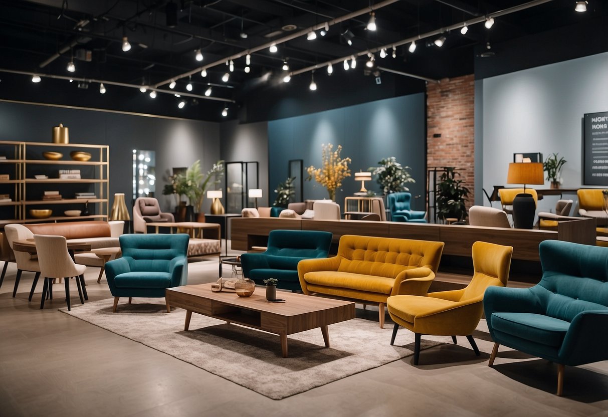 A display of FAQs furniture: chairs, tables, and shelves neatly arranged in a showroom setting