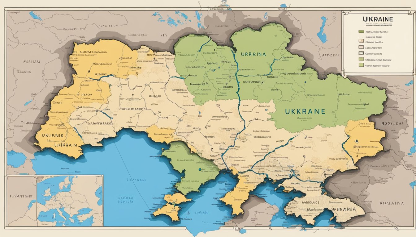 A map of Ukraine and Russia with tense border markings and historical landmarks