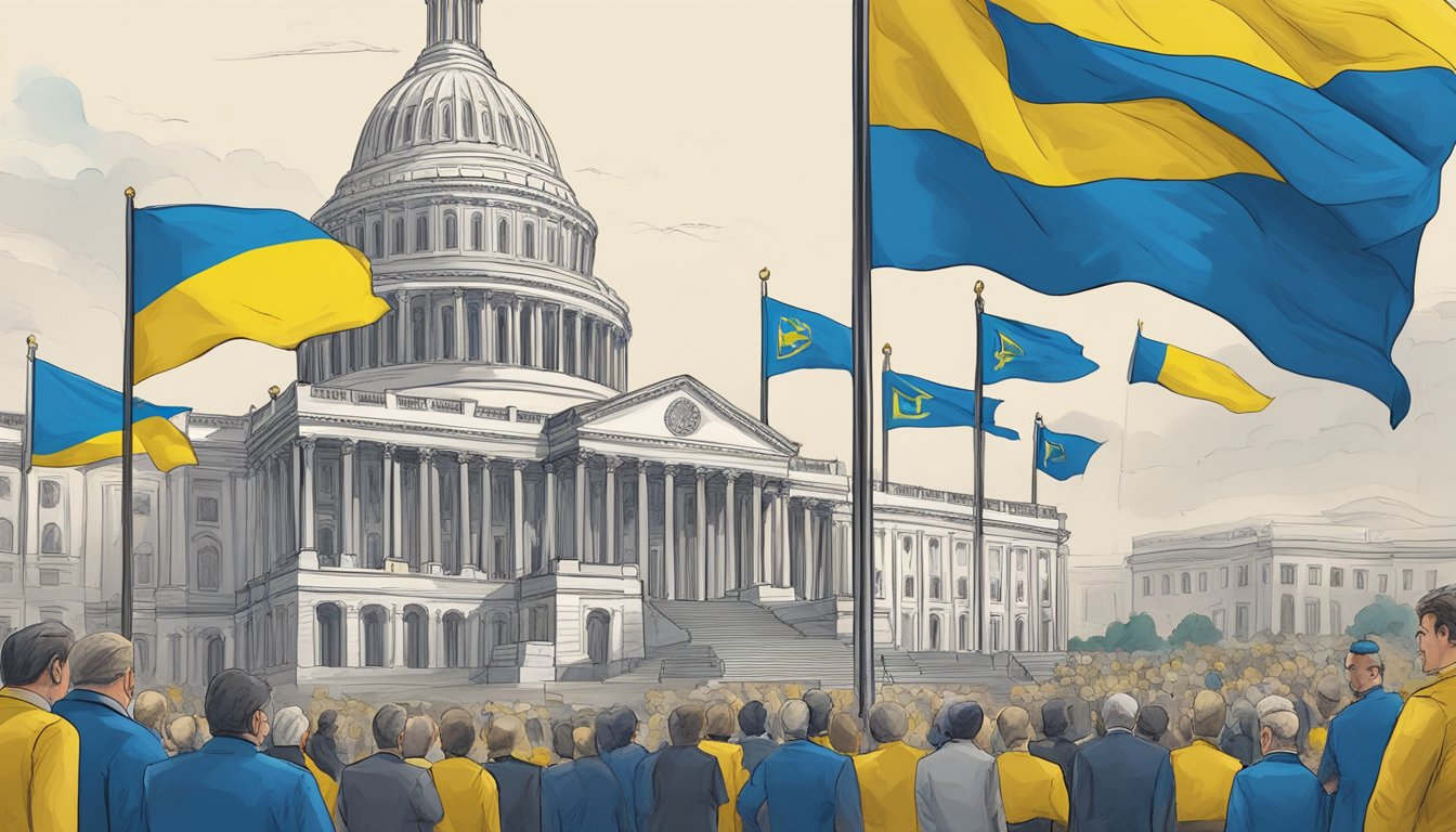 The U.S. Capitol building with a flag of Ukraine in the foreground, surrounded by political figures and a debate over aid