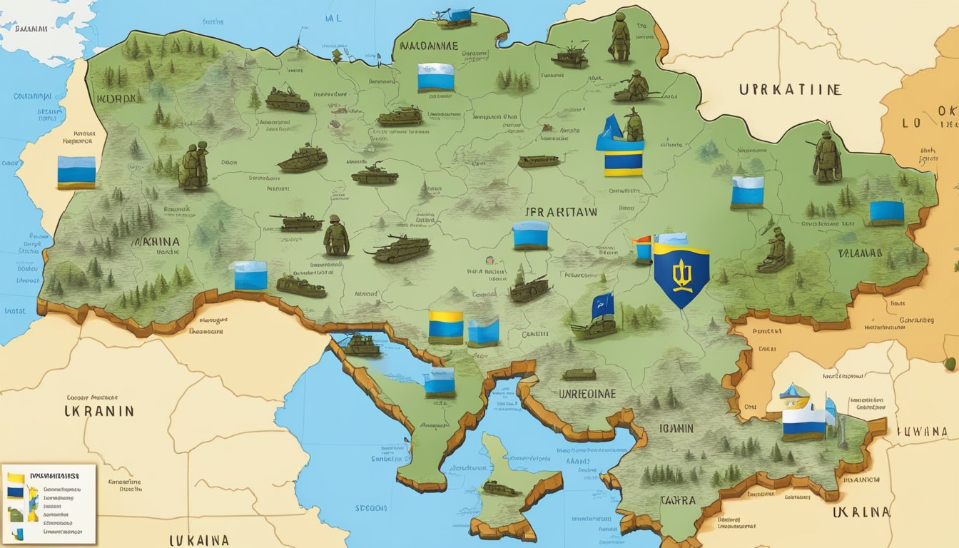 A map of Ukraine with military resources and strategy symbols