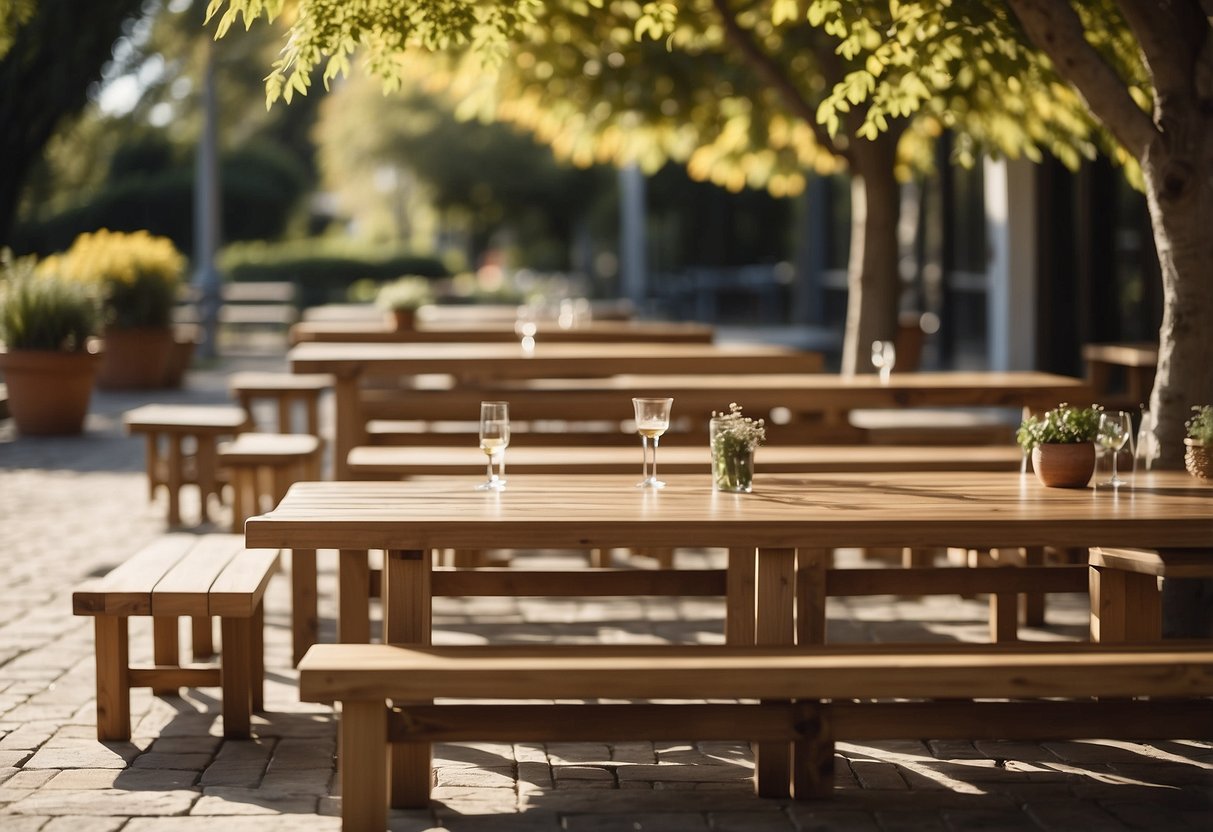 A sunny outdoor setting with a variety of timber furniture pieces, including tables, chairs, and benches. The scene is inviting and showcases the natural beauty of the timber