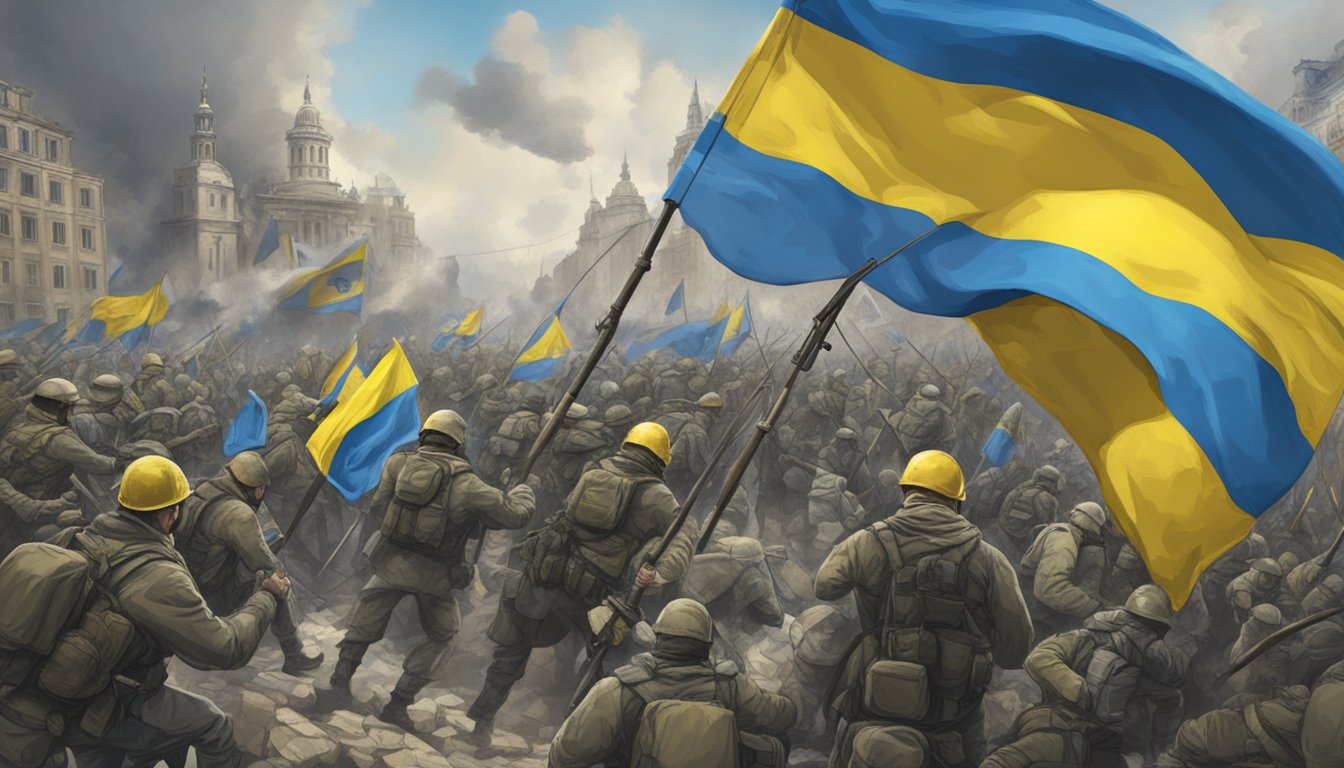 War disrupts global markets. Deuter supports Ukraine. Show chaos in financial markets, with Ukraine flag symbolizing support