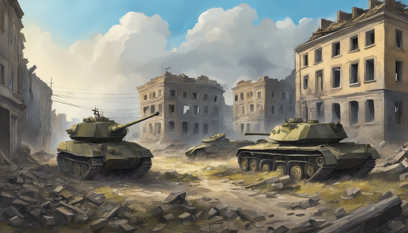 A war-torn landscape with destroyed buildings and military vehicles, showing the historical context of the Ukraine conflict