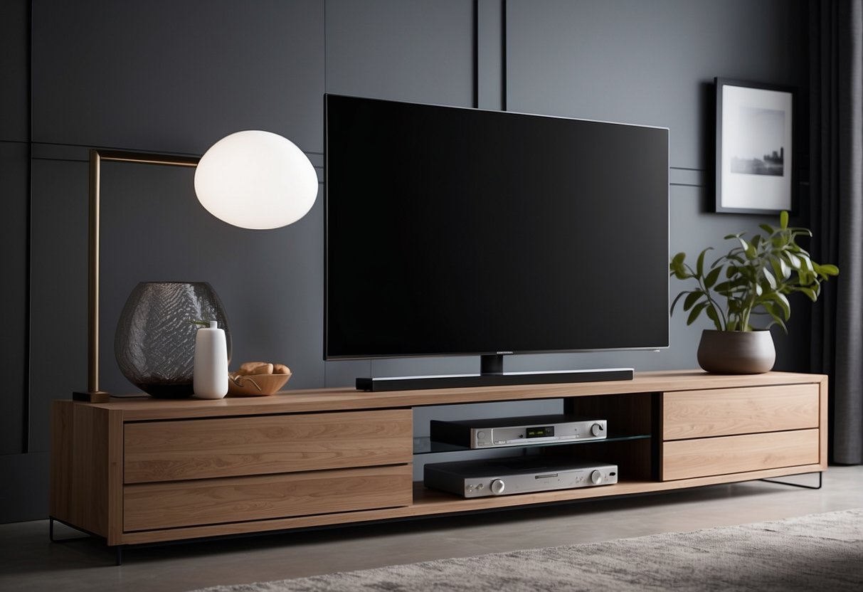 A modern TV media furniture set with sleek lines and a minimalist design, featuring a large flat-screen TV, shelves for electronic devices, and storage compartments